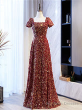 Burgundy Sequins Square Short Sleeve Prom Dress
